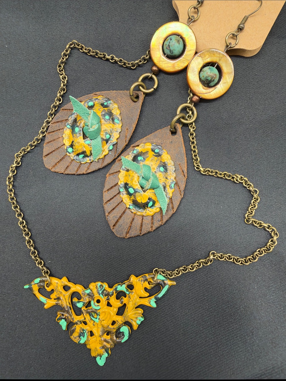 Beautiful Handmade Painted Animal Print Leather Earrings- Necklace Set